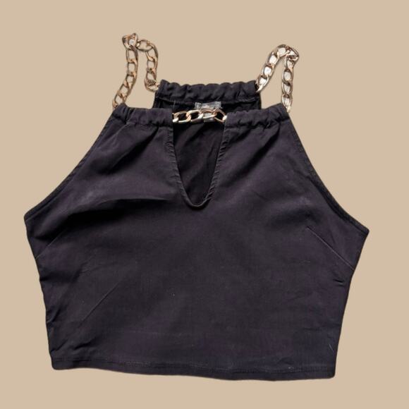 BLACK HALTER TOP WITH ROSE GOLD CHAIN STRAPS - Picture 1 of 4